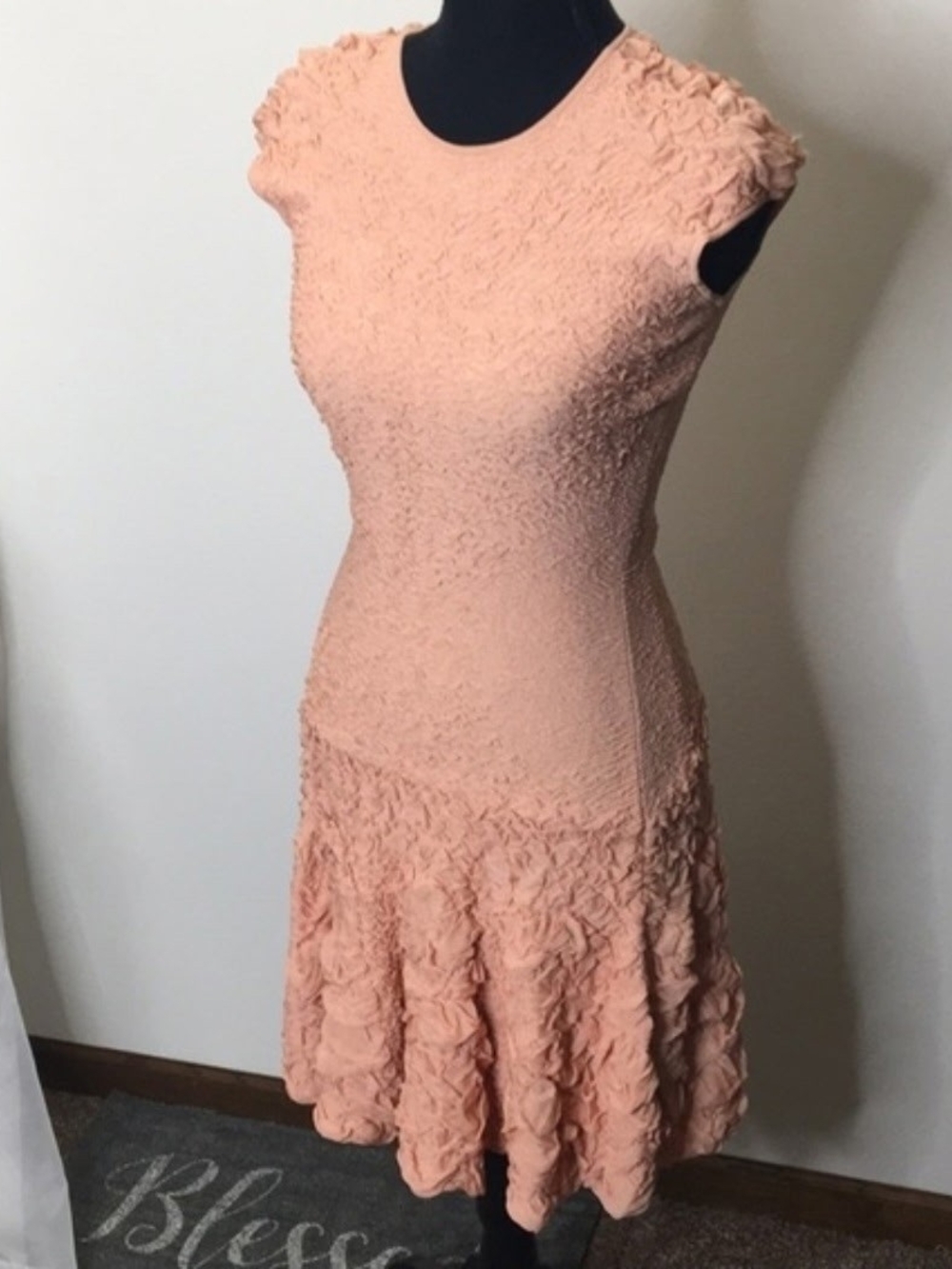 You Beautiful Alexander McQueen Peach Textured Cap-Sleeve Midi Dress